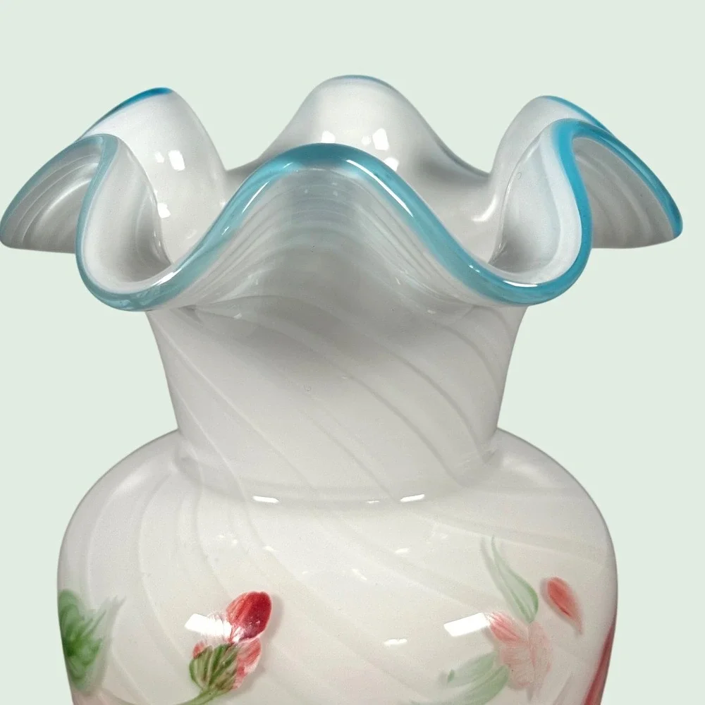 Fenton Cabbage Rose Opalescent Swirl Glass Vase Ruffled Blue Crest 6.5